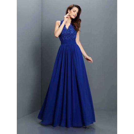 V-Neck Elegant Applique Sleeveless Long Chiffon Bridesmaid Dresses