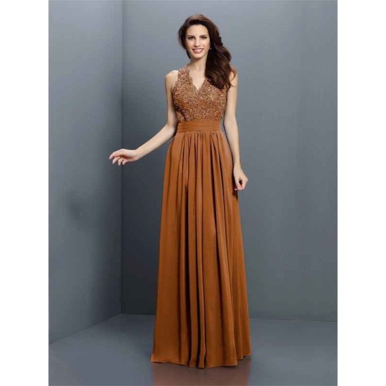 V-Neck Elegant Applique Sleeveless Long Chiffon Bridesmaid Dresses