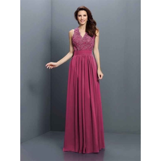 V-Neck Elegant Applique Sleeveless Long Chiffon Bridesmaid Dresses