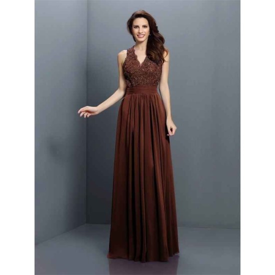 V-Neck Elegant Applique Sleeveless Long Chiffon Bridesmaid Dresses