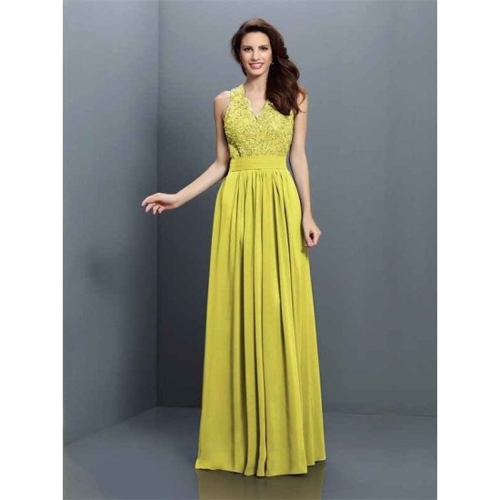 V-Neck Elegant Applique Sleeveless Long Chiffon Bridesmaid Dresses