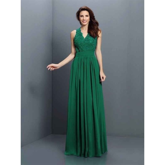 V-Neck Elegant Applique Sleeveless Long Chiffon Bridesmaid Dresses