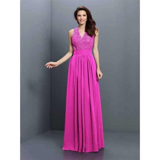 V-Neck Elegant Applique Sleeveless Long Chiffon Bridesmaid Dresses