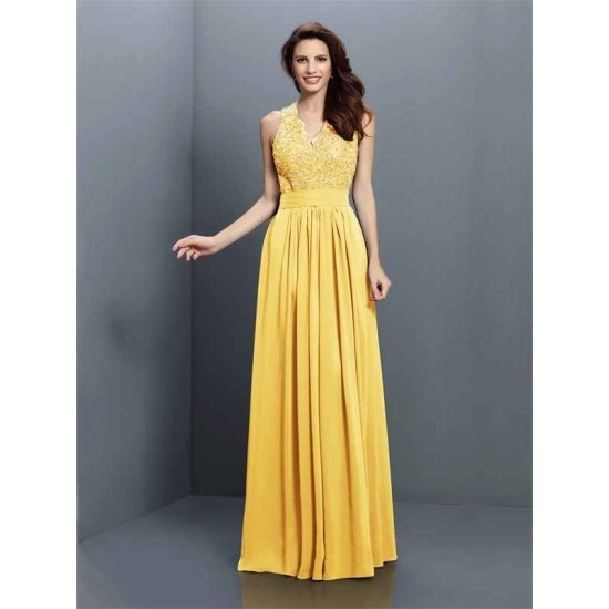 V-Neck Elegant Applique Sleeveless Long Chiffon Bridesmaid Dresses