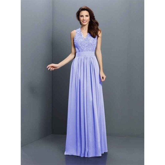 V-Neck Elegant Applique Sleeveless Long Chiffon Bridesmaid Dresses