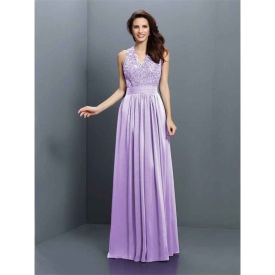 V-Neck Elegant Applique Sleeveless Long Chiffon Bridesmaid Dresses
