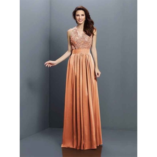 V-Neck Elegant Applique Sleeveless Long Chiffon Bridesmaid Dresses