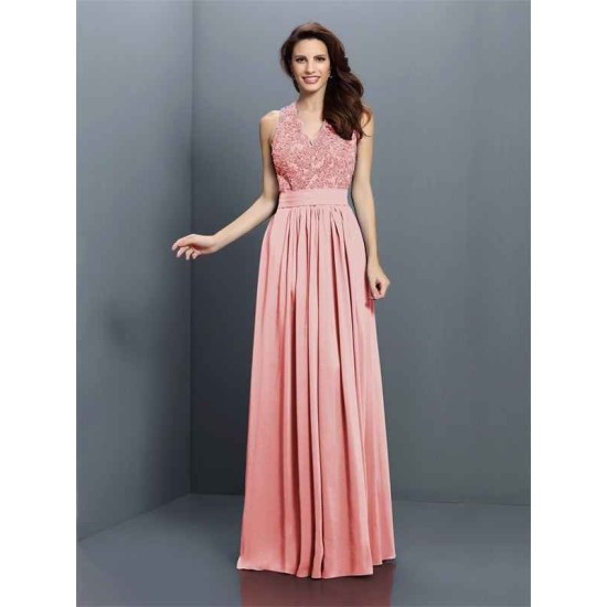 V-Neck Elegant Applique Sleeveless Long Chiffon Bridesmaid Dresses