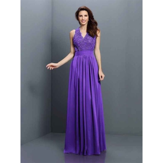 V-Neck Elegant Applique Sleeveless Long Chiffon Bridesmaid Dresses