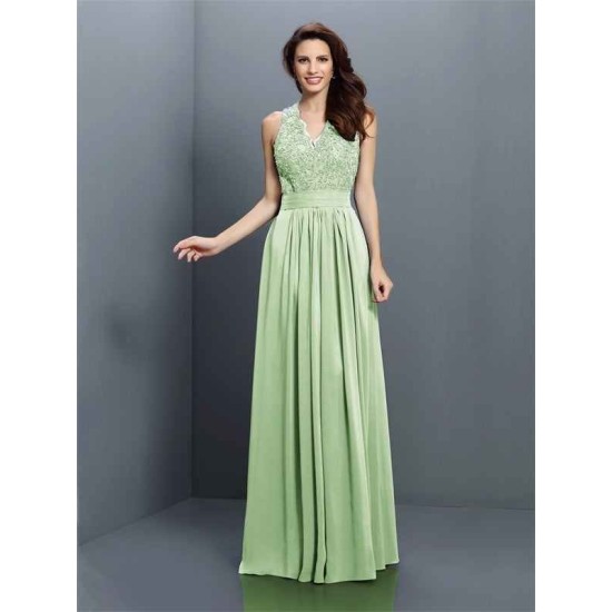 V-Neck Elegant Applique Sleeveless Long Chiffon Bridesmaid Dresses