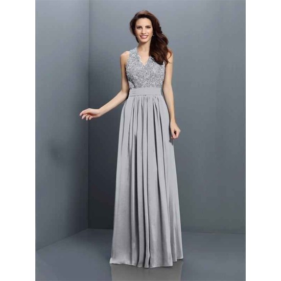 V-Neck Elegant Applique Sleeveless Long Chiffon Bridesmaid Dresses