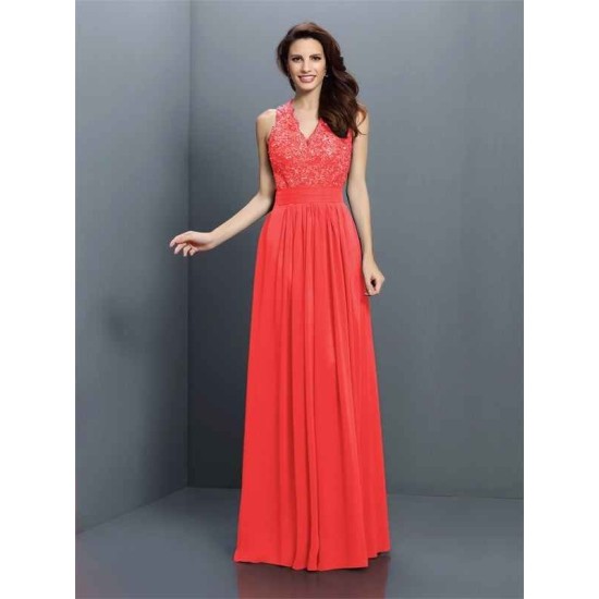 V-Neck Elegant Applique Sleeveless Long Chiffon Bridesmaid Dresses