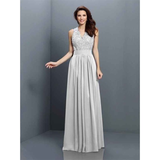 V-Neck Elegant Applique Sleeveless Long Chiffon Bridesmaid Dresses