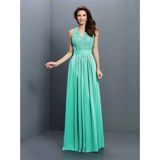 V-Neck Elegant Applique Sleeveless Long Chiffon Bridesmaid Dresses