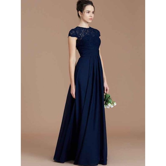 Charming Jewel Short Sleeves Lace Chiffon Bridesmaid Dresses