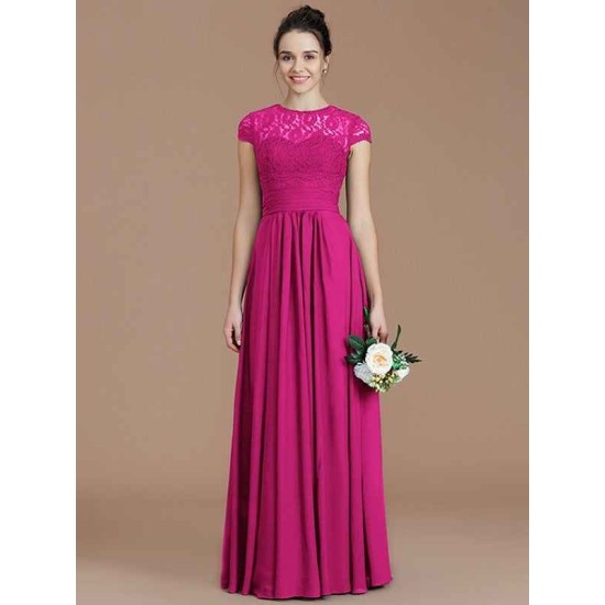 Charming Jewel Short Sleeves Lace Chiffon Bridesmaid Dresses