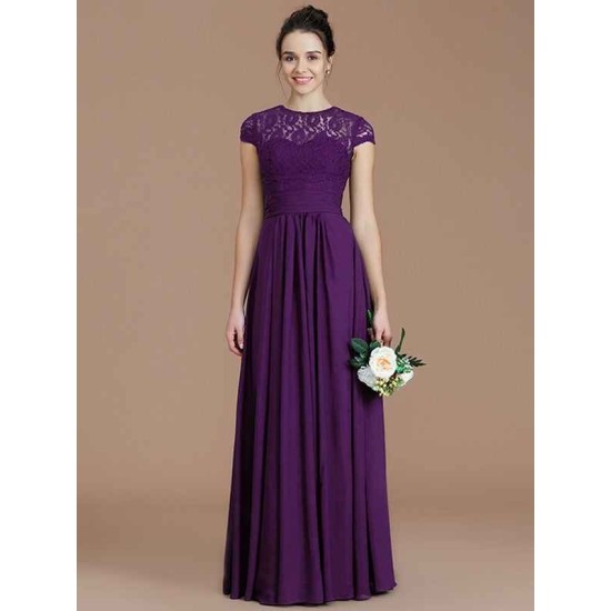 Charming Jewel Short Sleeves Lace Chiffon Bridesmaid Dresses