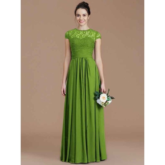 Charming Jewel Short Sleeves Lace Chiffon Bridesmaid Dresses