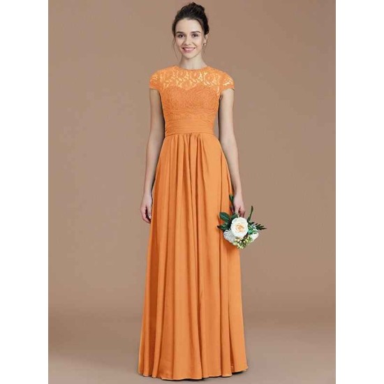 Charming Jewel Short Sleeves Lace Chiffon Bridesmaid Dresses