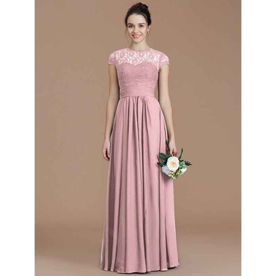Charming Jewel Short Sleeves Lace Chiffon Bridesmaid Dresses