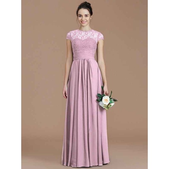 Charming Jewel Short Sleeves Lace Chiffon Bridesmaid Dresses