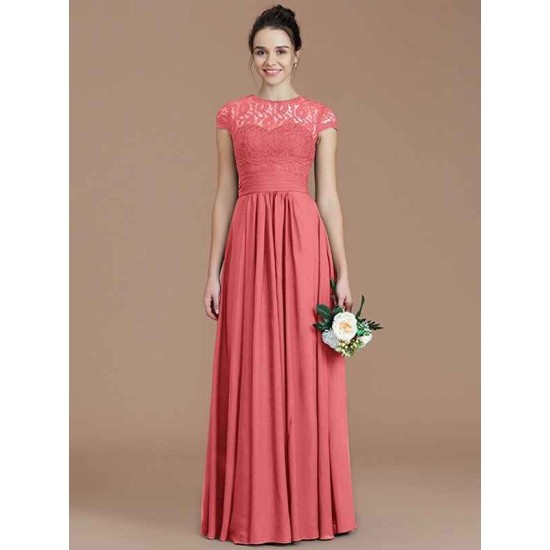 Charming Jewel Short Sleeves Lace Chiffon Bridesmaid Dresses
