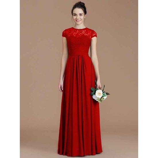 Charming Jewel Short Sleeves Lace Chiffon Bridesmaid Dresses