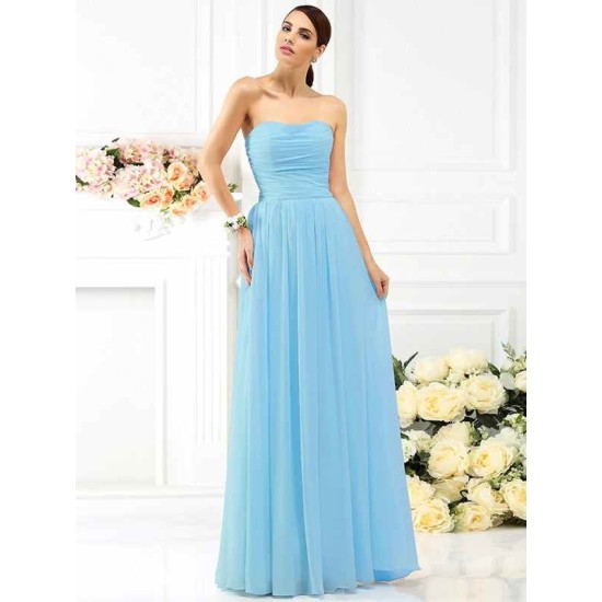 Charming Strapless Pleats Sleeveless Long Chiffon Bridesmaid Dresses