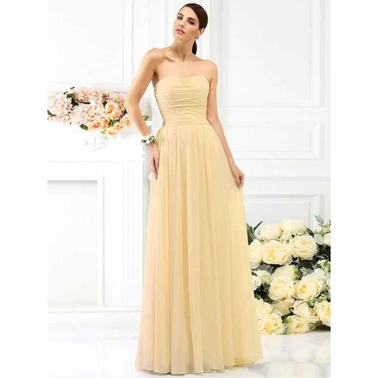 Charming Strapless Pleats Sleeveless Long Chiffon Bridesmaid Dresses