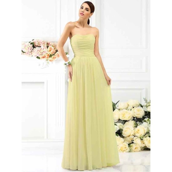 Charming Strapless Pleats Sleeveless Long Chiffon Bridesmaid Dresses
