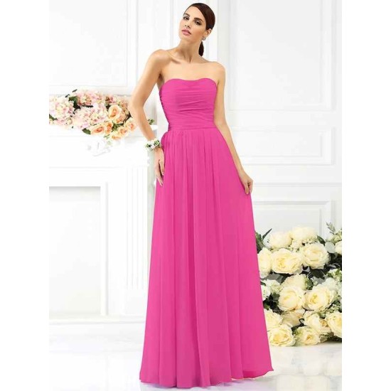Charming Strapless Pleats Sleeveless Long Chiffon Bridesmaid Dresses