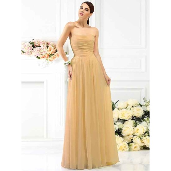 Charming Strapless Pleats Sleeveless Long Chiffon Bridesmaid Dresses