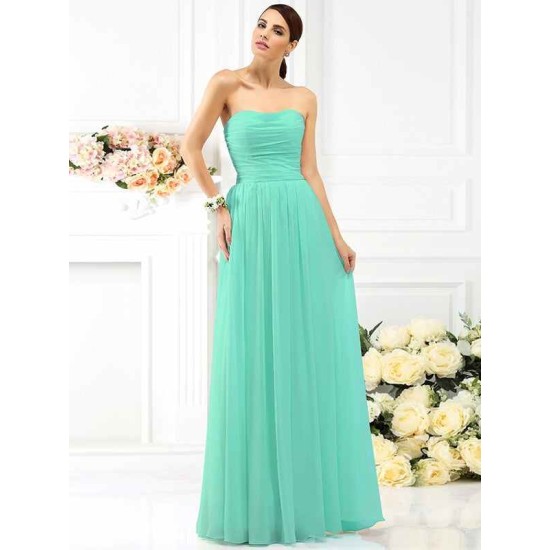 Charming Strapless Pleats Sleeveless Long Chiffon Bridesmaid Dresses