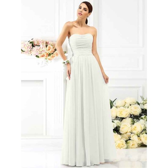 Charming Strapless Pleats Sleeveless Long Chiffon Bridesmaid Dresses