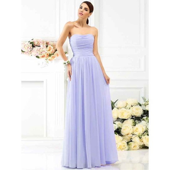 Charming Strapless Pleats Sleeveless Long Chiffon Bridesmaid Dresses