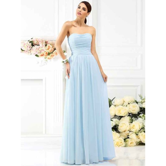 Charming Strapless Pleats Sleeveless Long Chiffon Bridesmaid Dresses