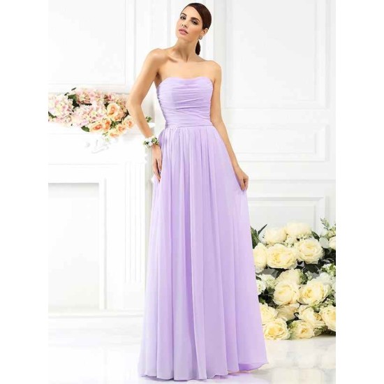 Charming Strapless Pleats Sleeveless Long Chiffon Bridesmaid Dresses