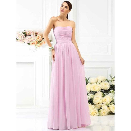 Charming Strapless Pleats Sleeveless Long Chiffon Bridesmaid Dresses