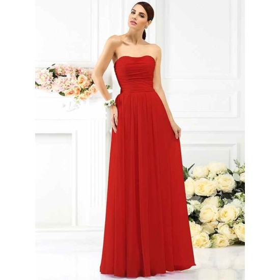 Charming Strapless Pleats Sleeveless Long Chiffon Bridesmaid Dresses