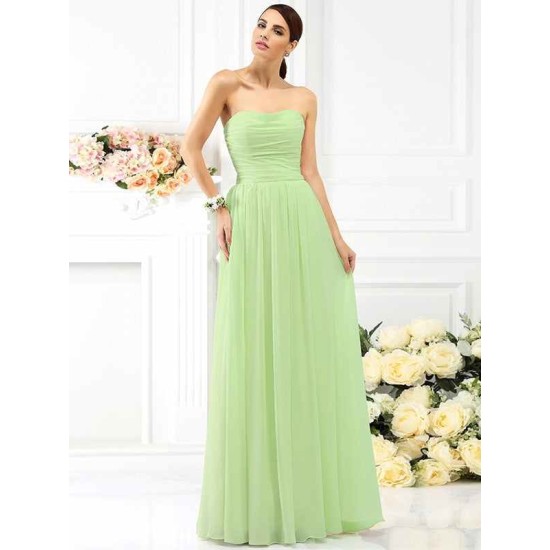 Charming Strapless Pleats Sleeveless Long Chiffon Bridesmaid Dresses