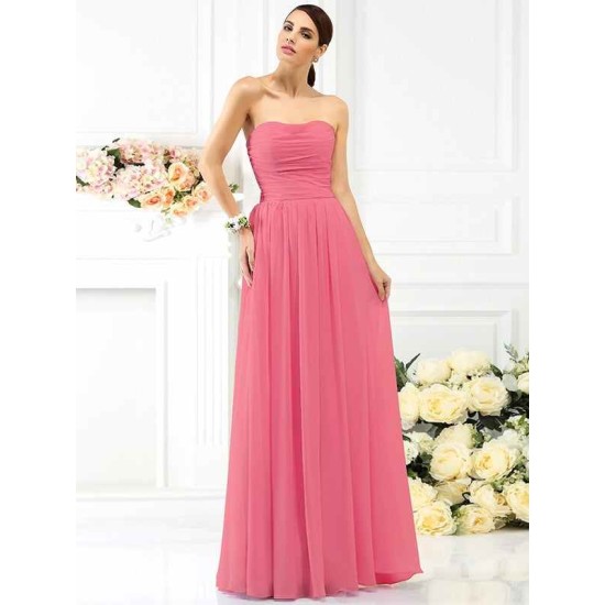 Charming Strapless Pleats Sleeveless Long Chiffon Bridesmaid Dresses