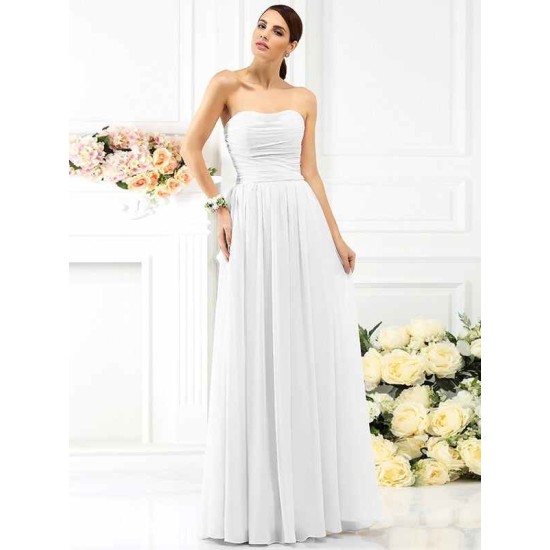 Charming Strapless Pleats Sleeveless Long Chiffon Bridesmaid Dresses