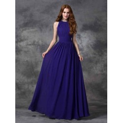 Charming Jewel Ruched Sleeveless Long Chiffon Bridesmaid Dresses