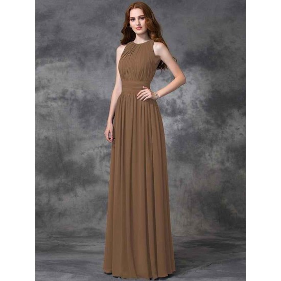 Charming Jewel Ruched Sleeveless Long Chiffon Bridesmaid Dresses