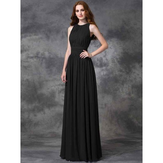 Charming Jewel Ruched Sleeveless Long Chiffon Bridesmaid Dresses