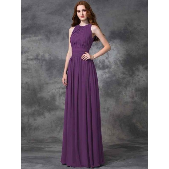 Charming Jewel Ruched Sleeveless Long Chiffon Bridesmaid Dresses