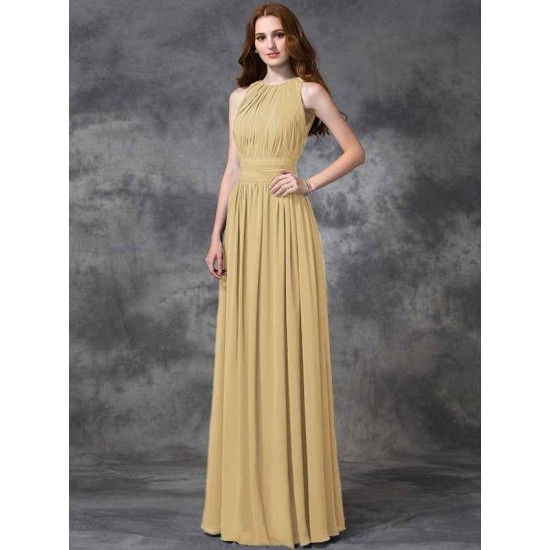 Charming Jewel Ruched Sleeveless Long Chiffon Bridesmaid Dresses