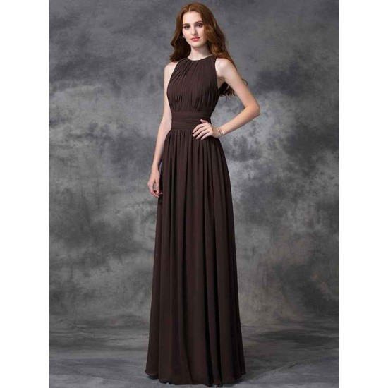Charming Jewel Ruched Sleeveless Long Chiffon Bridesmaid Dresses