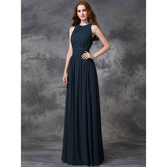 Charming Jewel Ruched Sleeveless Long Chiffon Bridesmaid Dresses