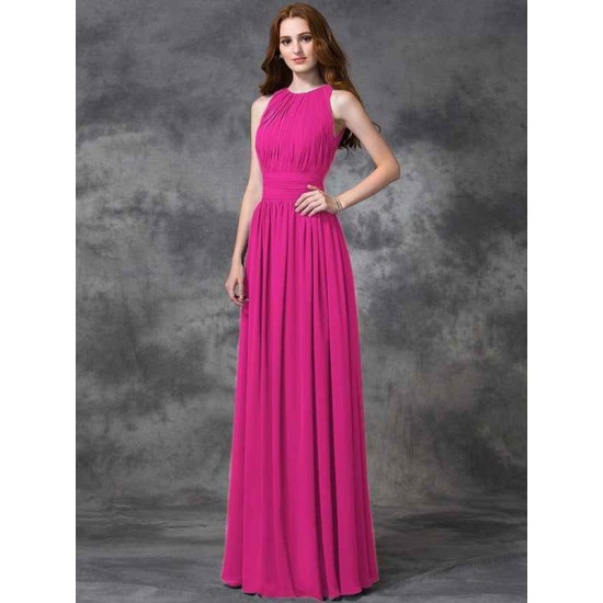 Charming Jewel Ruched Sleeveless Long Chiffon Bridesmaid Dresses